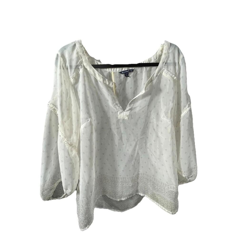 American Eagle Blouse Womens Small Cream Sheer Long Sleeve Patterned Casual XL